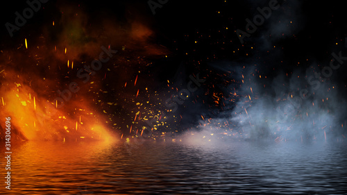 Perfect fire particles embers on background . Smoke fog misty texture overlays on reflection with water. Stock illustration.