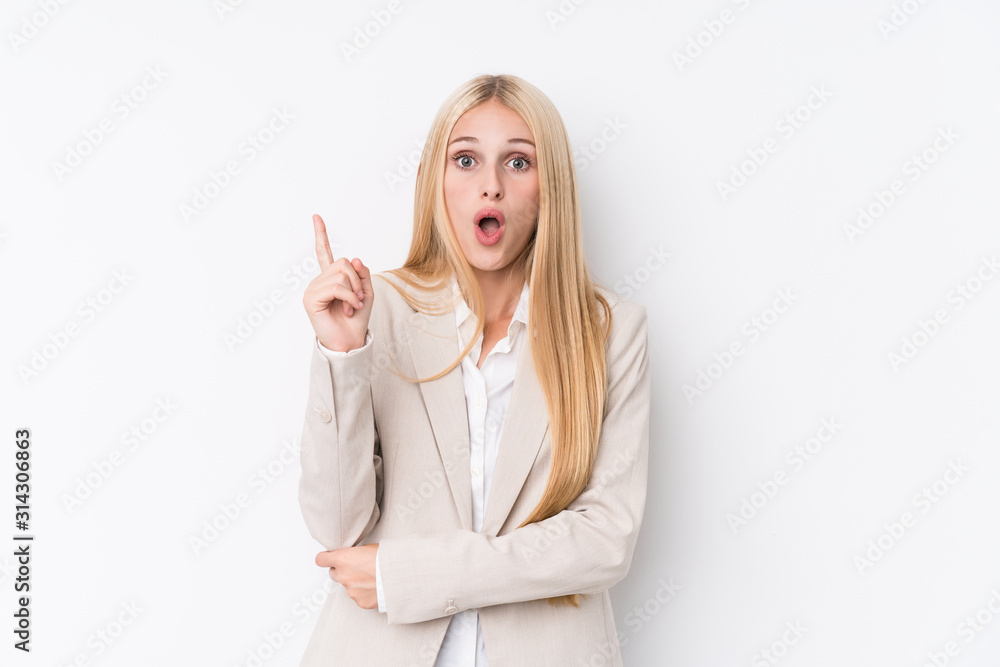 Young business blonde woman on white background having some great idea, concept of creativity. Young business blonde woman on white background having some great idea, concept of creativity.