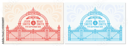 Vector. Wedding invitation vintage card with forged metal elements separated by layers