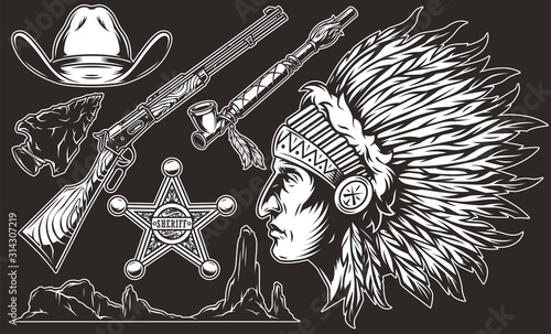 Monochrome wild west vintage elements composition
