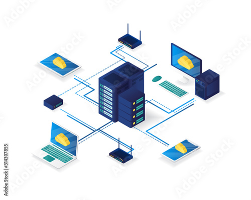 computer network management isometric illustration,server network management