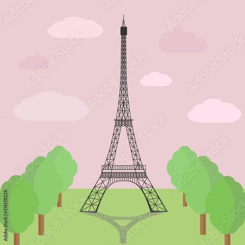 A view of the Eiffel tower on a background of pink heaven. Vector Illustration.