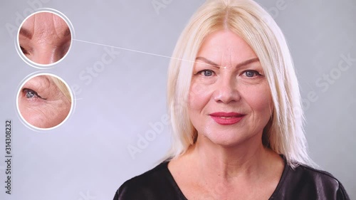 Facial beauty, skin care and technology concept. Portrait of mature woman with healthy facial skin face. Futuristic and technological face scanning of woman