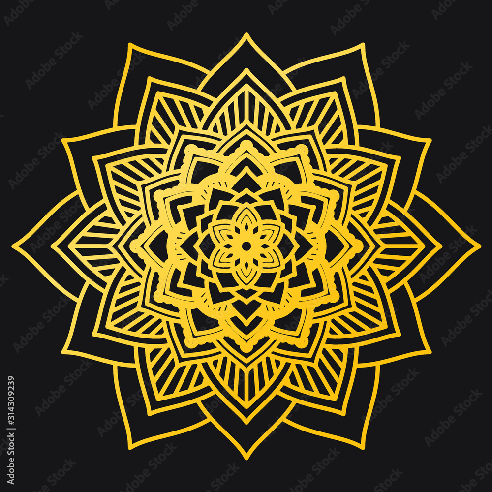 Abstract Petals Leaf Mandala Gold Line On Black Background. Vector Illustration Abstract Petals Leaf Mandala Gold Line On Black Background. Vector Illustration