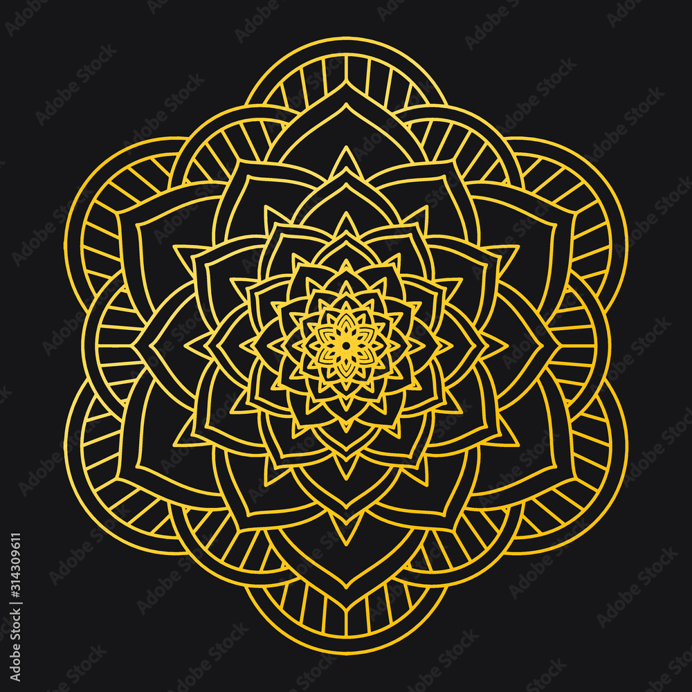 Abstract Petals Leaf Mandala Gold Line On Black Background. Vector Illustration Abstract Petals Leaf Mandala Gold Line On Black Background. Vector Illustration