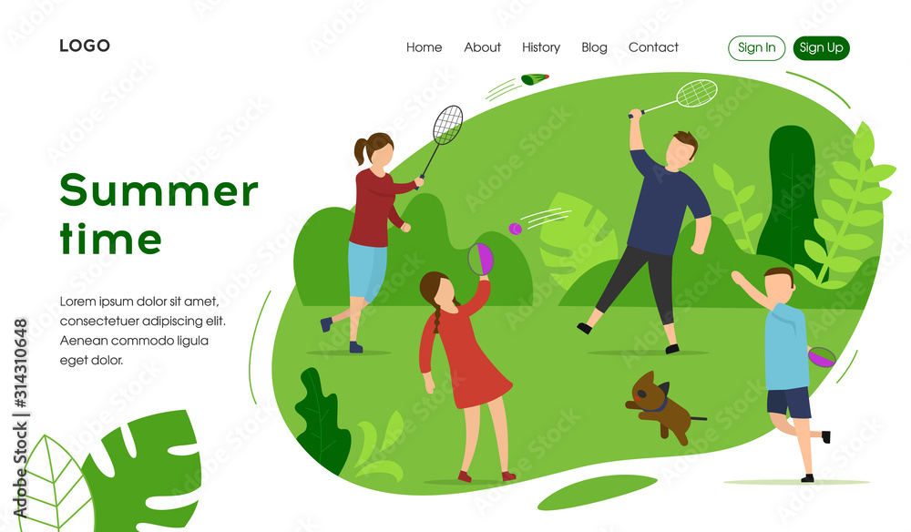 Happy Family Summer Vacation Landing Page Concept. Mother, Father, Daughter and Son are Playing Active Games Outdoor. Flat style. Vector Illustration Happy Family Summer Vacation Landing Page Concept. Mother, Father, Daughter and Son are Playing Active Games Outdoor. Flat style. Vector Illustration