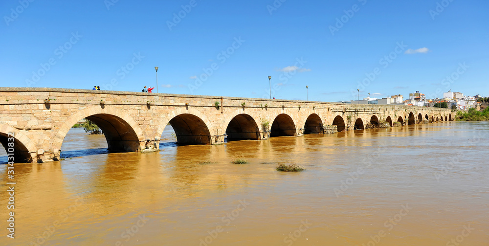 Roman bridge of Merida over Guadiana river. World Heritage City by Unesco, Extremadura, Spain.