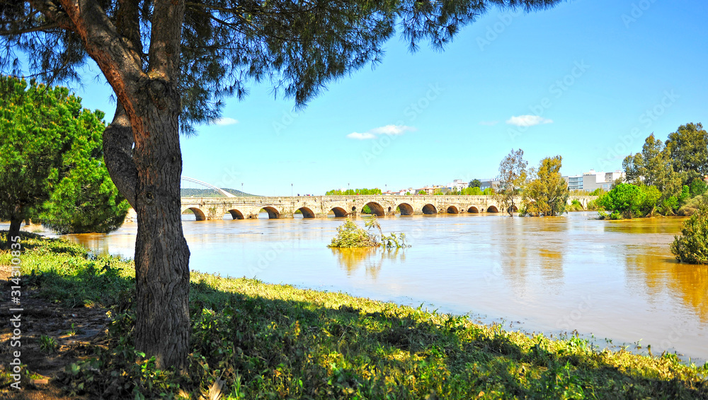 Roman bridge of Merida over Guadiana river. World Heritage City by Unesco, Extremadura, Spain.