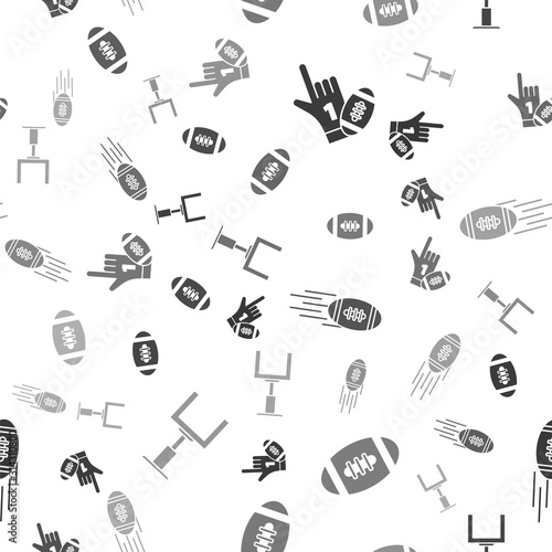 Set Number 1 one fan hand glove with finger raised and american football ball, American Football ball, American Football ball and American football goal post on seamless pattern. Vector
