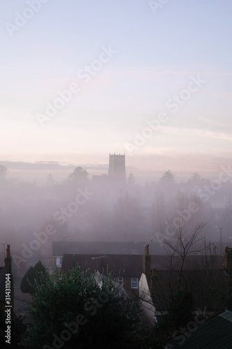 Foogy Day with houses and church