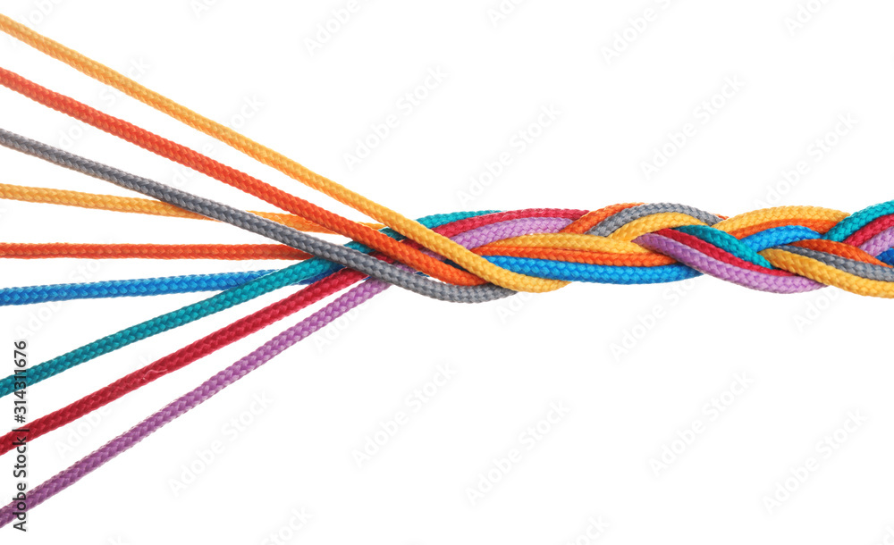 Braided colorful ropes isolated on white. Unity concept Stock