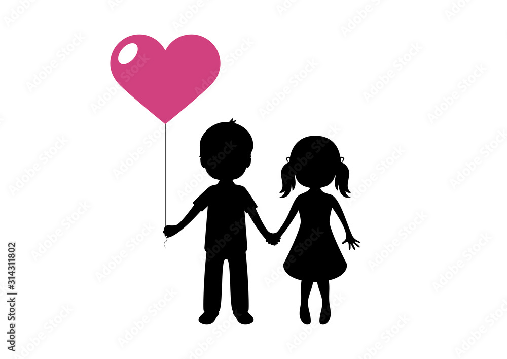 Girl and boy in love cartoon holding hands vector. Enamored boy and girl  are holding hearts balloon vector. Kids in love silhouette. Valentine's day  greeting card Stock Vector | Adobe Stock