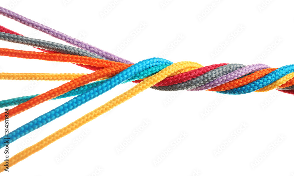 Twisted colorful ropes isolated on white. Unity concept Stock Photo
