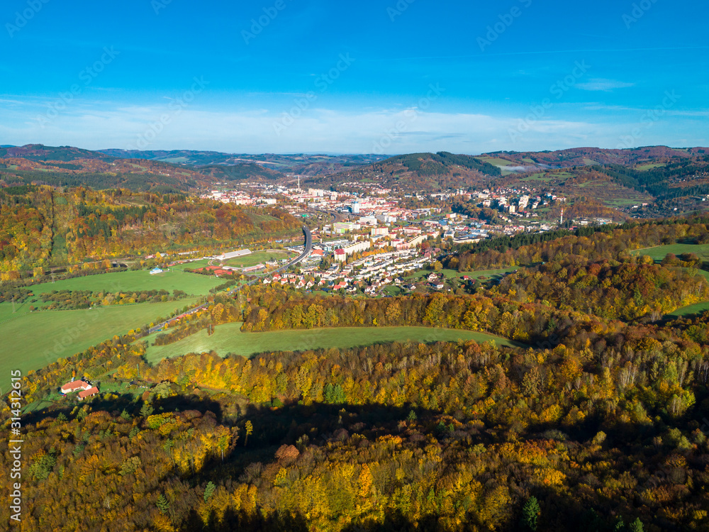 Vsetin - panorama of the town in Beskydy from the top.
