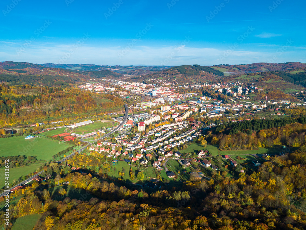 Vsetin - panorama of the town in Beskydy from the top.