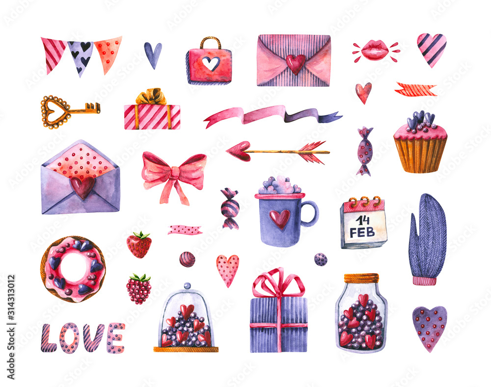 Set of watercolor candy, envelope, heart, gift, sweets, berry, cup. Hand drawn illustrations isolated on white. Decoration icons are perfect for Valentine's Day design, greeting card, fabric textile Set of watercolor candy, envelope, heart, gift, sweets, berry, cup. Hand drawn illustrations isolated on white. Decoration icons are perfect for Valentine's Day design, greeting card, fabric textile