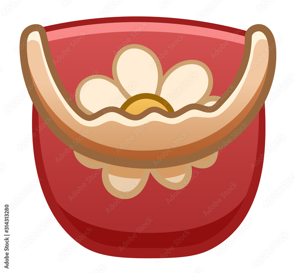 Red plastic baby bucket with a handle and flower drawing on white backgound Red plastic baby bucket with a handle and flower drawing on white backgound