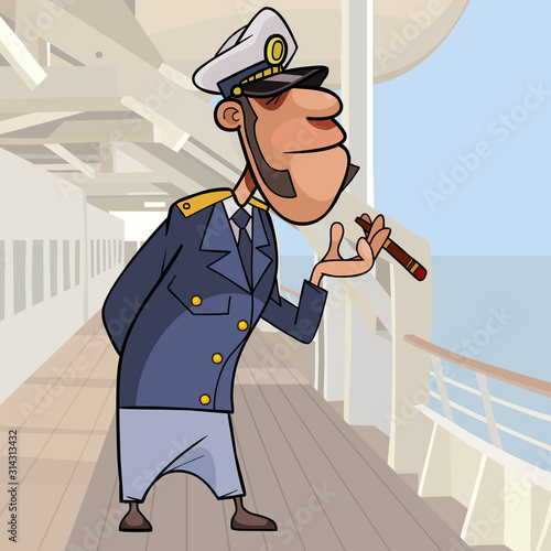 cartoon ship captain stands with cigar on deck of ship