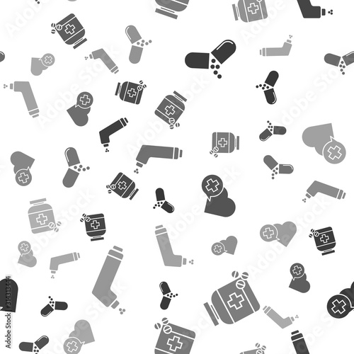 Set Medicine pill or tablet, Medicine bottle and pills, Heart with a cross and Inhaler on seamless pattern. Vector