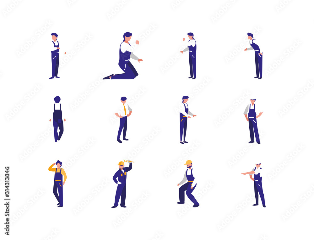 Isolated builder men with yellow and white helmet set vector design