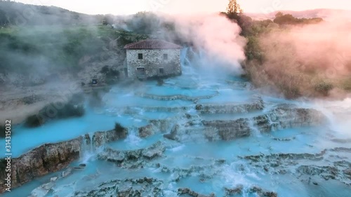 baths of Saturnia Italy, whaterfall of Saturnia beautiful place in Tuscan, Drone 4ky