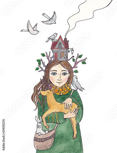 girl with forest animals  watercolor illustration
