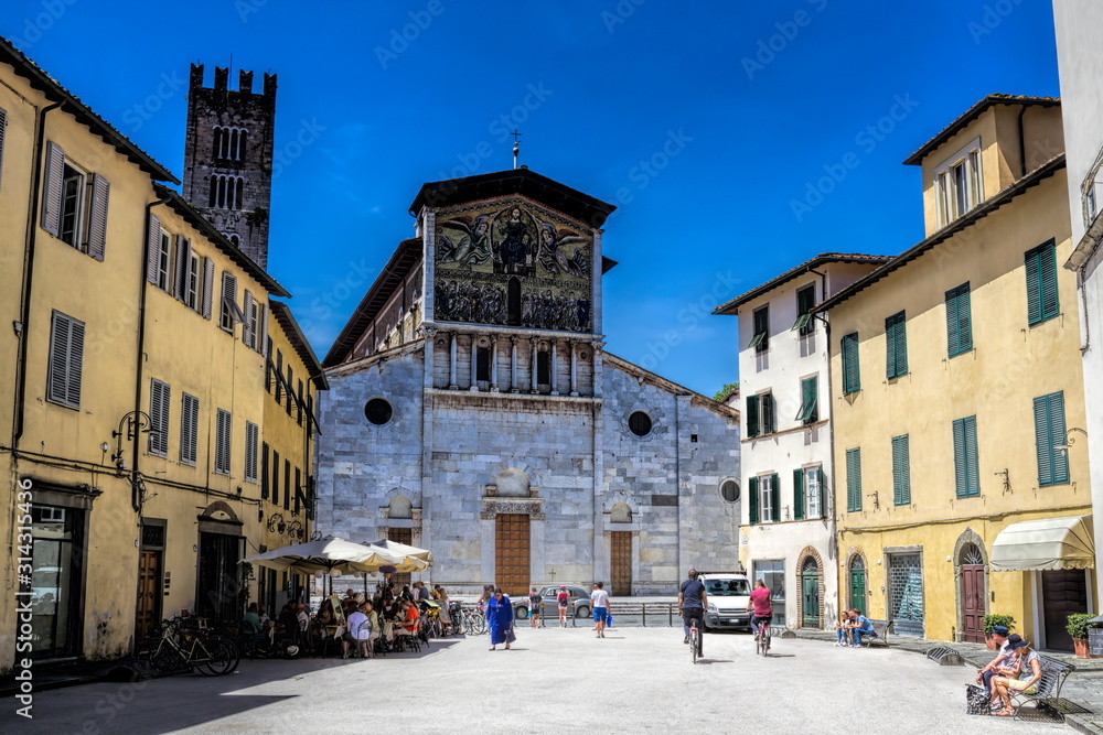 Lucca, Italy - 21.05.2016 - historic Piazza San Frediano with the church of the same name