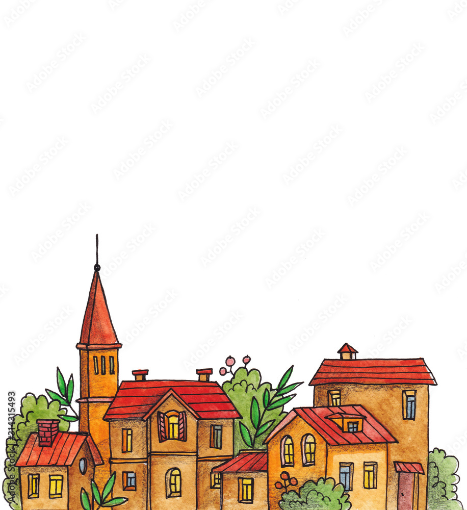 watercolor illustration with houses, frame with buildings in the form of a city