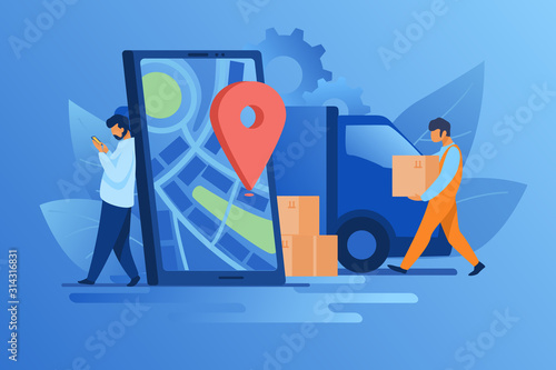 Delivery man and recipient who leaning on smartphone with pin. Door to door delivery by courier flat vector illustration. Delivery service concept for banner, website design or landing web page