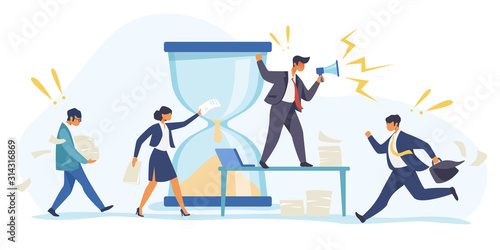 Hurrying workers, burnout. Boss shouting at employees, deadline flat vector illustration. Work related stress concept for banner, website design or landing web page