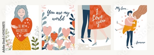 Collection of festive valentines day cards vector illustration. Be my valentine you are my world I love you my love forever cartoon design. Lettering and decorative greeting. Holiday concept