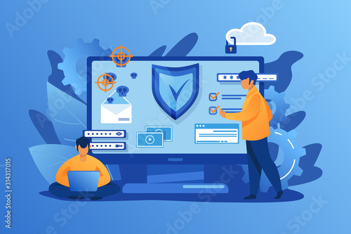Personal digital security. Defence, protection from hackers, scammers flat vector illustration. Data breaches, data leakage prevention concept for banner, website design or landing web page