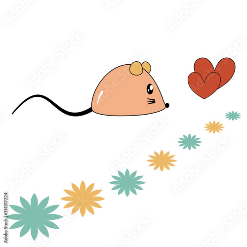 Little lovely rat with red heart and many colorful flower on white background.