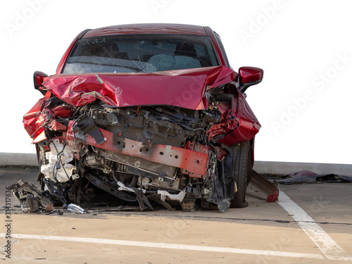 red car in an accident,white background.