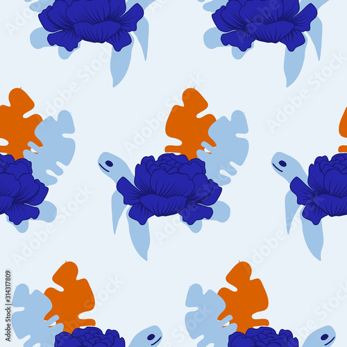 seamless pattern design with blue turtle and orange and light blue leaves © Andreea Eremia 