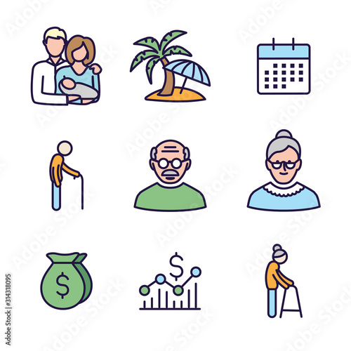 Generations - Golden Years Icon Set with retirement calendar , money, etc