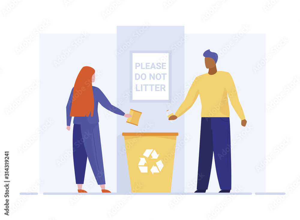 Obraz premium Man and woman throwing litter in recycling bin