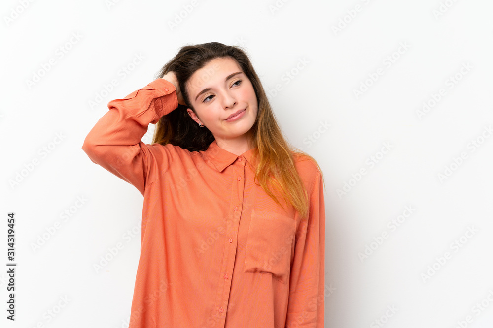 Young brunette girl over isolated white background having doubts Young brunette girl over isolated white background having doubts