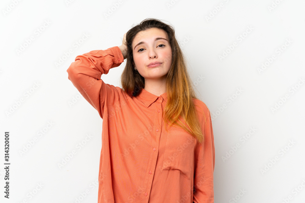 Young brunette girl over isolated white background with an expression of frustration and not understanding Young brunette girl over isolated white background with an expression of frustration and not understanding