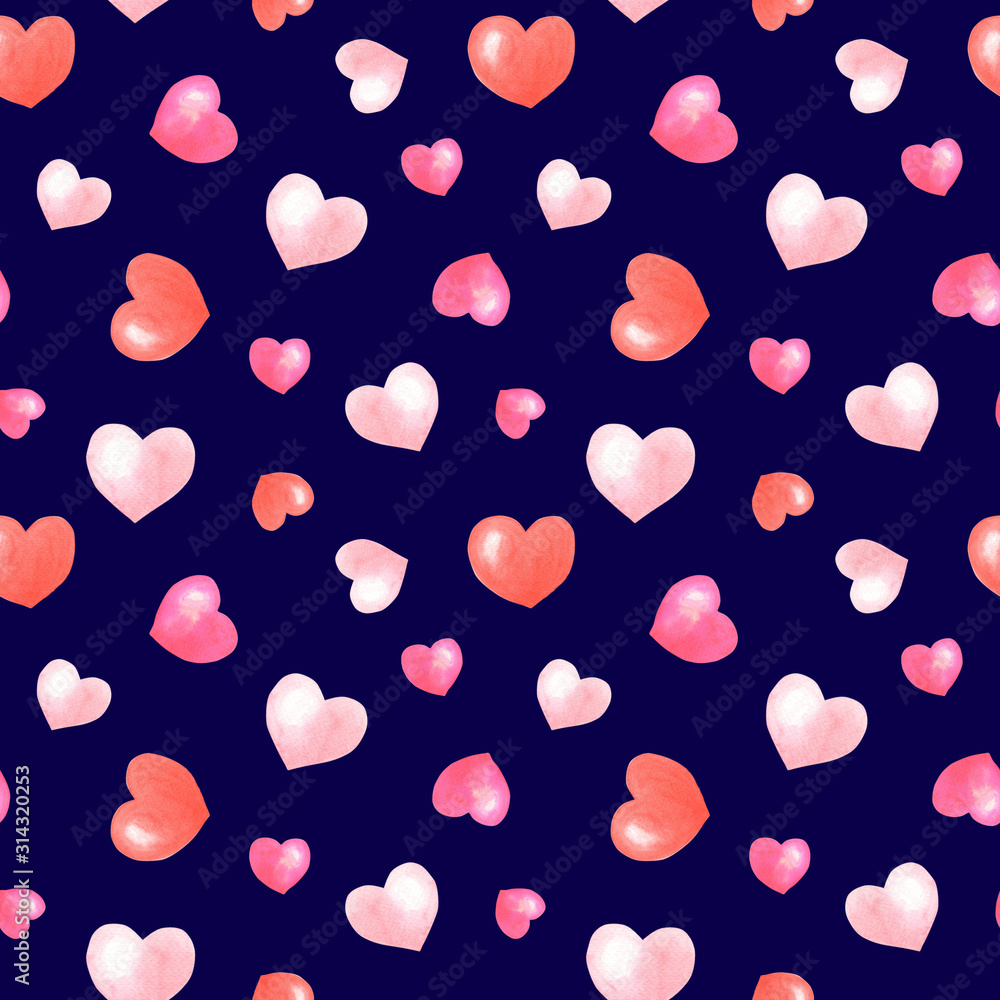 Watercolor pink,red hearts on dark blue background.Romantic seamless pattern .