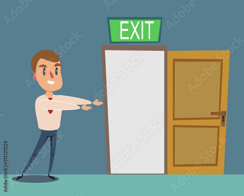 Man pointing with the the way out. Vector flat design illustration.