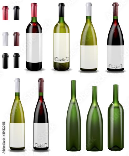 Red and white wine bottles. Empty wine bottles.