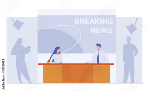News anchors on breaking news background