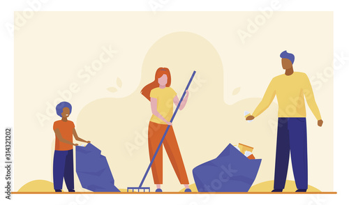 Family collecting garbage outdoors