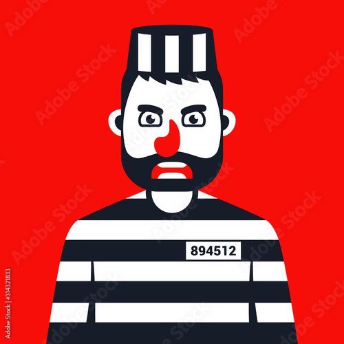 angry criminal in prison striped uniform. Flat character vector illustration.