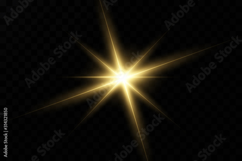 Yellow glowing light explodes on a transparent background. with a beam. Transparent shining sun, bright flash. Special lens flare effect.