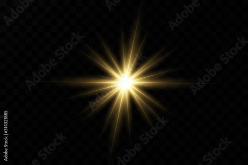 Yellow glowing light explodes on a transparent background. with a beam. Transparent shining sun, bright flash. Special lens flare effect.
