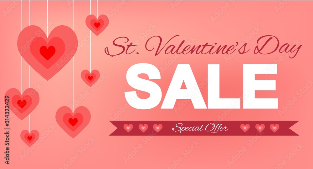 Valentine's Day horizontal banner, flyer design of Sale 50% off discount special offer. Vector illustration. Saint valentine's day offer brochure. Vector template. Vibrant colors. Web banner 