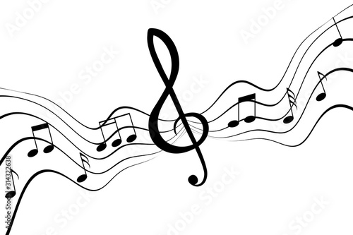 Music note staff on musical line waves on white for banner or poster design, vector illustration