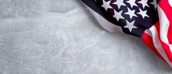Happy Presidents Day banner design with American flag on stone background. USA Independence day, Veterans day, Labor day, or 4th of July celebration concept.
